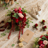 Buket Pernikahan Merah Anggur Dallisten, Buket Pengantin Buatan untuk Pengantin Wanita, Dekorasi Pernikahan Romantis, Bunga Pernikahan Grosir Kustom