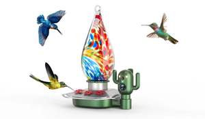 Mangeoire à colibris en verre avec 4 ports d'alimentation et barrière anti-fourmis intégrée, mangeoire à oiseaux sauvages bleue pour l'extérieur avec capuchon en plastique - Product Image 2