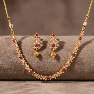 Ensemble collier et boucles d'oreilles délicats en or plaqué or et rubis, taille standard réglable, pour mariage, fiançailles, fête, bijoux 214061 - Product Image 2