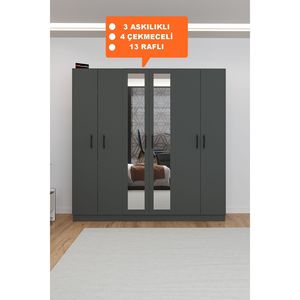 Armario Moderno de 6 Puertas con Espejo, Independiente, en Gris Antracita Oscuro, 13 Estantes, 3 Perchas, para Taller o Almacén, Material de Puerta MDF - Product Image 4