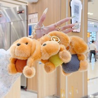 Porte-clés chien en peluche douce à grosse tête en salopette, adorable chiot en peluche, breloque de sac, poupée pour machine à griffes, pendentif pour sac d'école, vente en gros