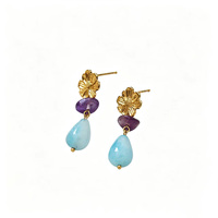 Anting-anting gantung vintage boho bunga amethyst biru jasper berlapis emas buatan tangan untuk wanita, perhiasan liburan