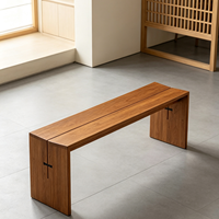 Banc en teck massif birman naturel, style minimaliste moderne et luxueux, avec pieds en dalle à joint papillon, pour entrée, couloir ou salle à manger