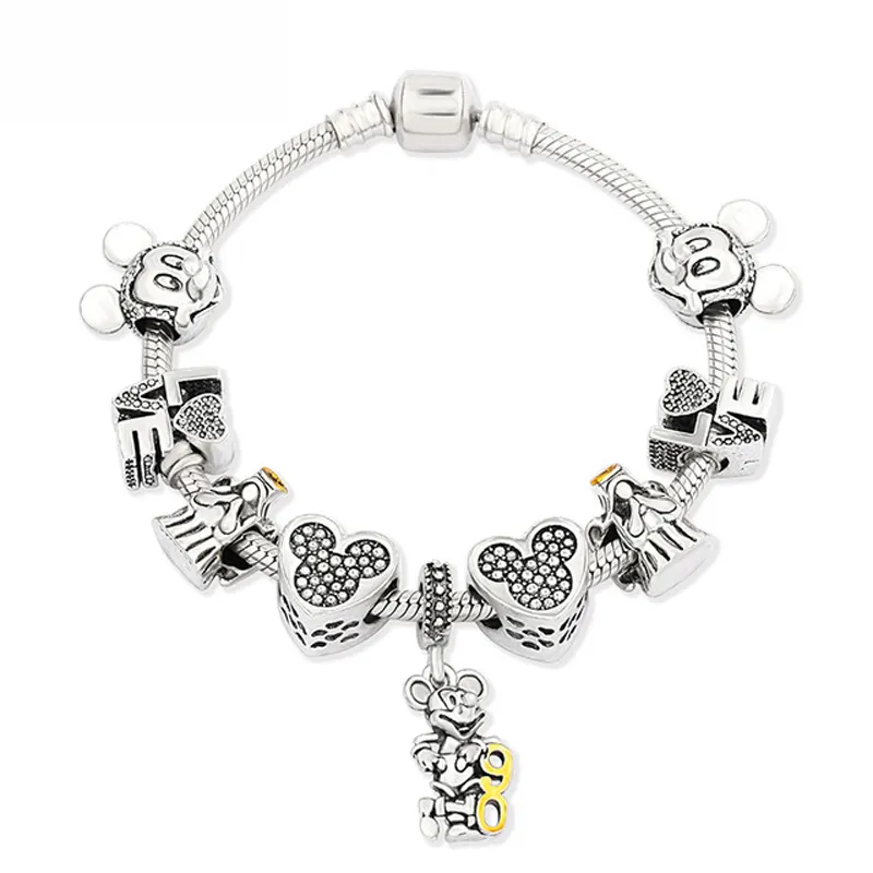 925 Sterling Silver Plated Mickey Minnie Bracelet DIY Large Hole Beads Bracelet Alloy Charm Bracelet Wholesale