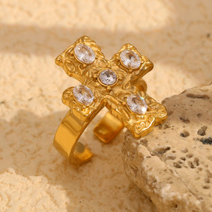 18K Pvd Gold Plated Hammered Cross Cz 316L Stainless Steel Waterproof Hypoallergenic Adjustable <b>Statement</b> <b>Ring</b> For Women - Product Image 4