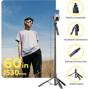 Perche à selfie Ezgo 62 pouces en alliage avec trépied et lumière LED 3W pour l'enregistrement et la photographie, support universel pour téléphone - Product Image 6