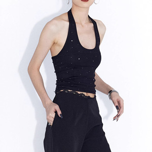 TS-035 Gilet court noir uni à col halter avec strass, coupe ajustée, style été, polyester/coton - Product Image 4