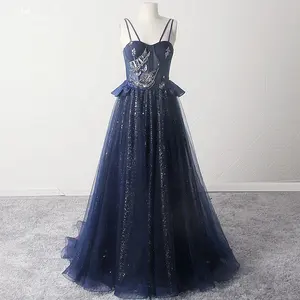 LZF127 Dunkelblauer Spaghetti bügel Schatz Illusion Perlen Abendkleider Long Glitter Shine Tüll Kleid