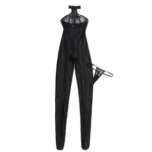 Bodystocking en maille transparente à rayures verticales, col halter, entrejambe ouvert, noir et rouge, tailles S-L - Product Image 5