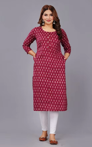 Maroon Cotton Printed Straight <b>Kurta</b> with Both Side Pockets | Round Neck Three-Quarter Sleeve Casual Ethnic Wear Kurti For <b>Women</b> - Product Image 2