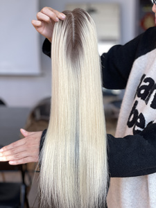 Extensions capillaires 100 % naturelles vierges européennes pour femmes, avec raie au milieu, lisses, blondes dorées, pour cheveux clairsemés, base en soie - Product Image 1