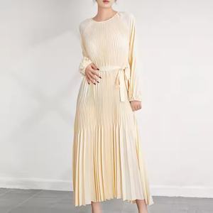 Vestido Midi Informal de Oficina, Tejido Plisado de Chifón, Diseño de Parches con Patrón Sólido, Cintura Elástica, Lavable, Talla XS, Otoño-Primavera - Product Image 1