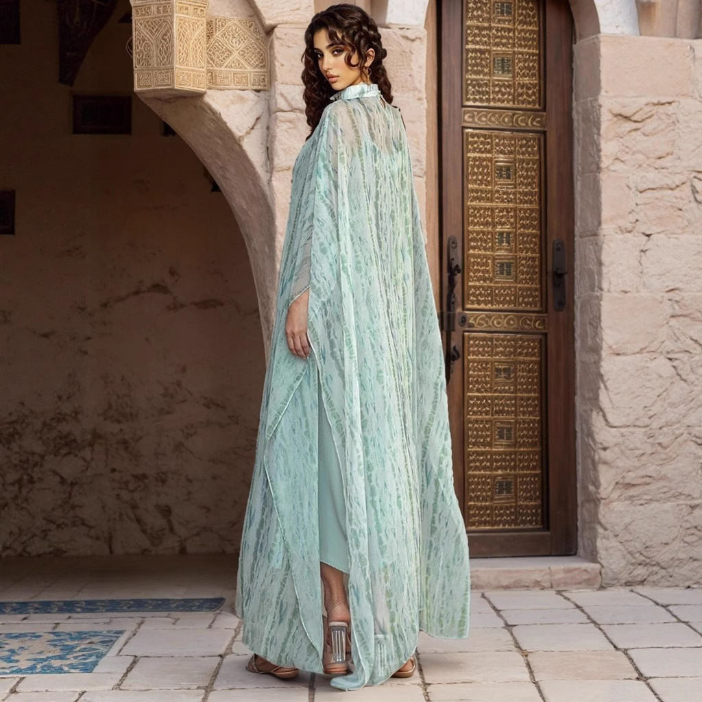 BA5068 Mint Green Modest Chiffon Dress with Half High Collar Suspender  Two-Piece Abaya for Summer Eid Parties Dubai Style| Alibaba.com