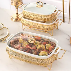 Light luxury rectangle ceramic hot pot food warmer set chafing dish wedding hotel equipment dry pot dinnerware with lid