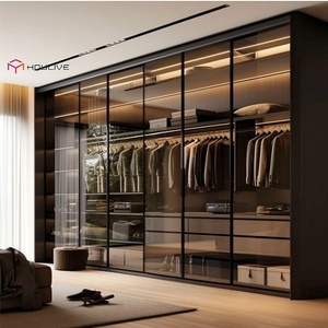 Armario con Puertas <span class=keywords><strong>de</strong></span> Vidrio Color Nogal Oscuro, Abatibles, para Dormitorio, con Accesorios Completos, LED Integrado, Zapatero y Cajones Ensamblables - Product Image 1