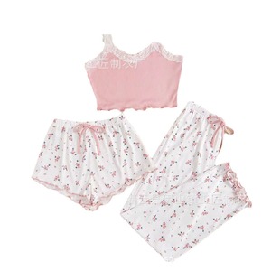Nuovo Completo <span class=keywords><strong>Pigiama</strong></span> Floreale Sexy da <span class=keywords><strong>Donna</strong></span>, Estivo Sottile con Pantaloni, Abbigliamento da Casa Carino, Set Tre Pezzi Trendy 100% Poliestere con Scollo a V - Product Image 5