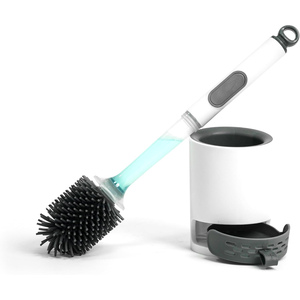 Nouvelle Brosse de Nettoyage WC en Plastique Blanc avec Distributeur de Savon, Manche en Acier et Support - Product Image 1