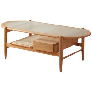 Mesa de Centro de Madera Maciza Estilo Nórdico, Madera de Cerezo, Tapa Ovalada de Vidrio con Cajón, Diseño Minimalista Japonés, Mesa de Té para Apartamentos Pequeños - Product Image 5