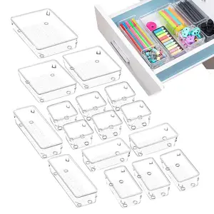 16 pcs Clear Plastic Desk Drawer Organizer Trays with 5 Different Sizes Storage set for Bathroom Makeup Suppliers