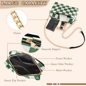 Green Checkered Print Womens Leather Crossbody bag Shoulder Bags with Chain Strap <b>Small</b> <b>Purse</b> Trendy for Spring Outdoor Party - Product Image 5
