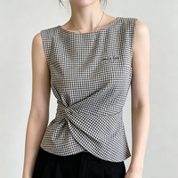 Top Ajustado y Elegante de Estilo Francés para Mujer, Camisa sin Mangas a Cuadros Grises, Nuevo Diseño de Verano 2026