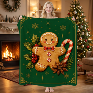Couverture imprimée en forme d'homme en pain d'épices de Noël, en flanelle douce, rectangulaire, écologique, décoration d'intérieur, style hiver - Product Image 1