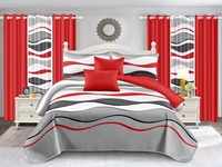 Parure de lit de mariage six pièces en microfibre tissée imprimée, comprenant draps plats et rideaux