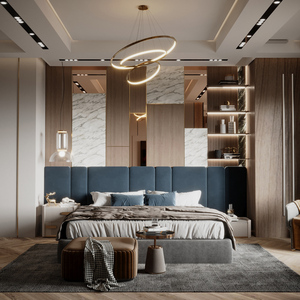 Set di Mobili per Camera da Letto Moderni e di Lusso per Letti Singoli e Matrimoniali, per Hotel a 5 Stelle e Appartamenti, Pannelli in Lino Ecologico, Vendita all'Ingrosso - Product Image 2