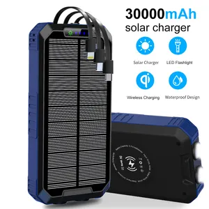 30000mah Portable Powerbank With Led Lights Power Bank For Wireless Charger Solar Power Bank Built In 3 Cables