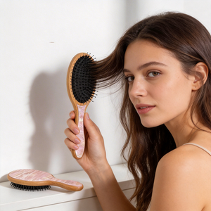 Brosse démêlante en bois de bambou avec logo personnalisé, qualité supérieure, poils de sanglier bouclés, pour sèche-cheveux, pour femmes - Product Image 4