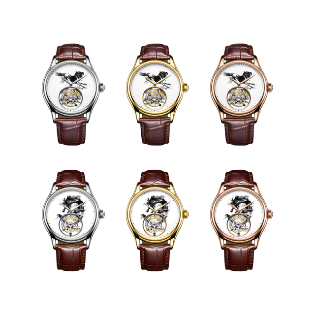 Chinese Ink Painting Zodiac Dragon/Horse Tourbillon Watch Luxury Sapphire Stainless Steel Add LOGO Men's Mechanical Watches