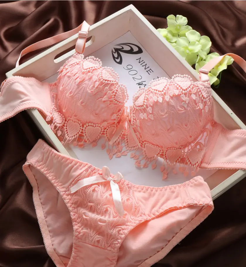 32-38b set celana dalam dan Bra renda Cup indah gadis lucu Push Up renda Underwire bersulam set celana dalam dan Bra untuk wanita