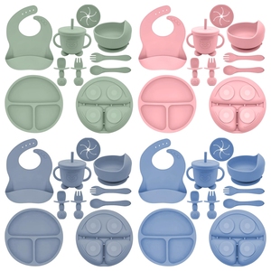2025 Hot Bán Silicone bé đặt bữa ăn tối Toddler Bộ đồ ăn đồ dùng dao kéo tấm BIB Bát cup muỗng ngã ba - Product Image 5