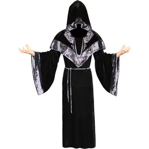 Traje de Halloween masculino, roupão de feiticeiro medieval, roupão com capuz, roupão vintage renascentista