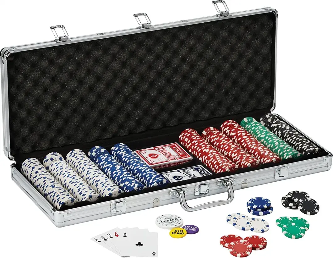 Nhôm Poker Chip set Texas giữ 'Em Poker Chip set với nhôm trường hợp 500 sọc con xúc xắc chip hoàn chỉnh Poker Set