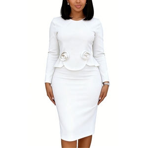 เดรสทรงบอดี้คอนแบบเปปลัมสำหรับผู้หญิง - แต่งลายดอกไม้ 3 มิติที่เอว แขนยาว ชุดเดรสออกงานสไตล์แอฟริกันสำหรับผู้หญิง แฟชั่น - Product Image 3