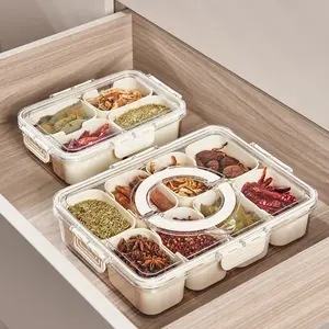 Plateau de service de nourriture divisé en plastique transparent avec couvercle et poignée Récipient de stockage d'épices