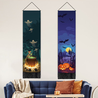 Décoration d'Halloween : Bannière suspendue, drapeau imprimé pour chambre, longues tentures verticales avec pompons