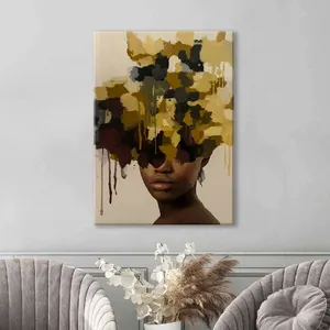 框架抽象非裔美国黑人妇女帆布墙艺术花卉艺术印花黑人妇女卧室家居装饰准备悬挂