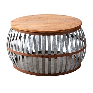 Mesa de Centro Moderna Redonda de Metal Sólido con Tapa Elevable de Madera Natural y Almacenamiento para Jardín, Alta Calidad - Product Image 1