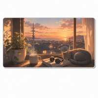 Tapis de bureau Lofi Anime, motif chat aux fenêtres au coucher du soleil, grand tapis de souris antidérapant avec bord cousu et base en caoutchouc pour la maison, le bureau et le gaming