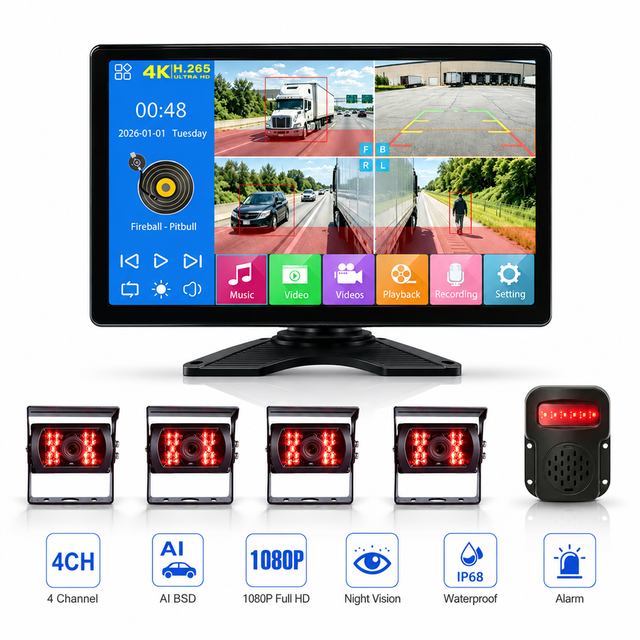 4CH AI BSD Camera Monitor System 10.1" IPS 1080P AHD Split Screen Truck Blind Spot Detection DVR Kit 1 Year for Bus Trailer