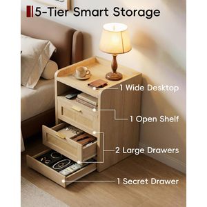 Mesa de Noche de Ratán Faesun con 3 Cajones y Compartimento Oculto, Mesa Auxiliar Boho Moderna con Almacenamiento, Tapa de Madera y Tiradores Metálicos - Product Image 4