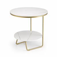 Table d'appoint moderne en pierre frittée, directement de l'usine, avec cadre asymétrique en U fin couleur or champagne et étagère inférieure, mobilier de salon