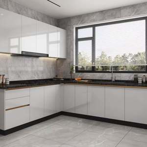 SANTOPOVA Modern L-Shaped Kitchen Set with White Glossy Cabinets and <b>Black</b> Stone Countertop - Product Image 1