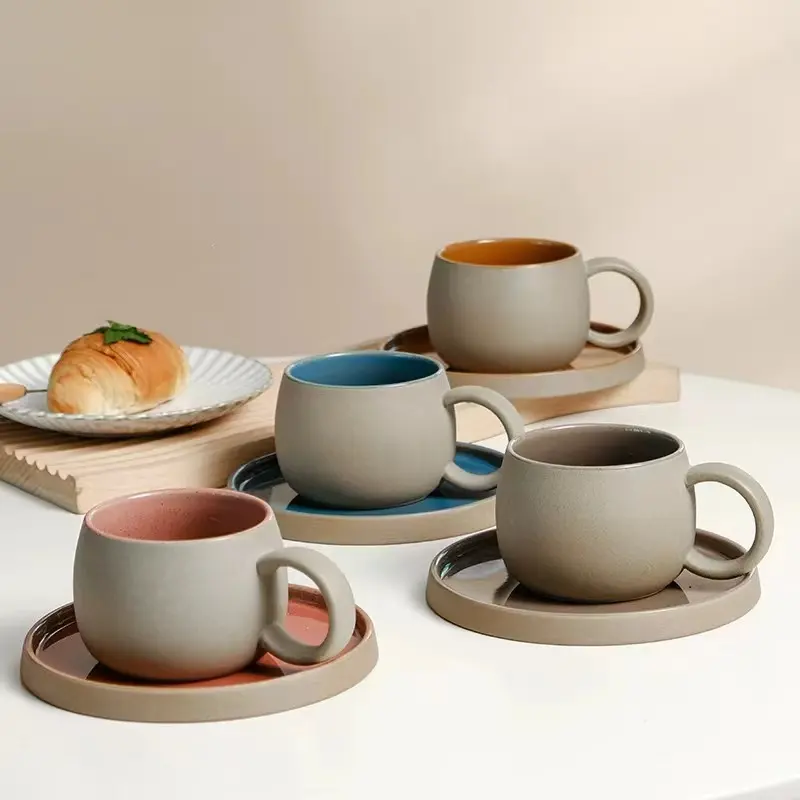 コーヒーカップセットセラミックレトロラフ陶器和風マグカッププレートコンビネーション卸売アフタヌーンティー朝食カップ