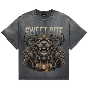 T-shirt décontracté pour homme en coton tricoté 100% respirant, style streetwear, avec imprimé graphique chien mécanique punk, effet vieilli et délavé à l'acide, vintage - Product Image 1