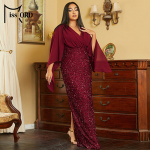 Contrast Color Mermaid Wine <strong>Red</strong> Chiffon <strong>Sequin</strong> Long Elegant Plus Size Evening Dress - Product Image 3