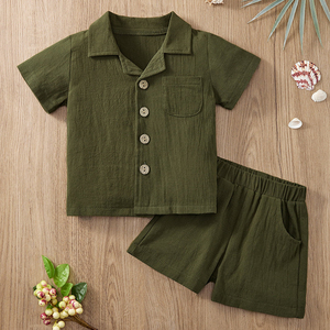 Ensemble de vêtements pour enfants en coton <span class=keywords><strong>lin</strong></span> biologique Ensemble de chemises et shorts pour garçon Ensemble de vêtements pour garçons personnalisés avec <span class=keywords><strong>short</strong></span> et boutons pour enfants - Product Image 5