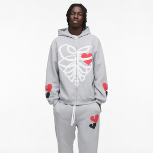 Men's Gray Zip-Up <b>Hoodie</b> With Heart Pattern And <b>Skeleton</b> Print Oversized Casual Sweatshirt For Autumn Custom Print Wholesale - Product Image 1
